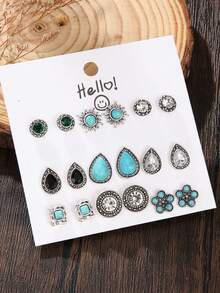 9 Pasang Anting Tusuk Wanita Bermotif Geometris Bunga Turquoise Bohemian Vintage yang Dipersonalisasi - 9 pasang bunga pirus berbentuk tetesan air mata - View 2