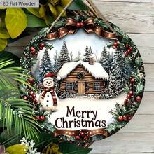Accroche-porte de Noël en bois rond vintage, design imprimé bonhomme de neige, cabane et houx, ornement de couronne en bois festif pour porte d'entrée, décoration de maison et fête de Noël - A - Voir 9