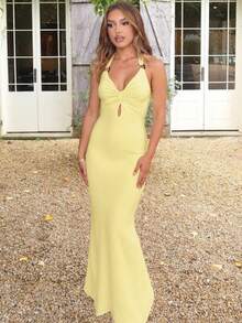 Vestido halter largo con nudos, calados y aros metálicos - Amarillo - Ver 3