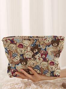 1 pieza Bolsa de almacenamiento de cosméticos portátil con estampado de oso, impresa por ambos lados, estuche de maquillaje con cremallera para viajes, bolsa organizadora de artículos de tocador multifuncional - Multicolor - Ver 3