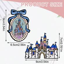 1pc Dream Princess Castle Embroidery Patch, Blue Bow Fairy Tale Castle Iron-On Patch, Jacket Bag Embroidery Label - B - View 2