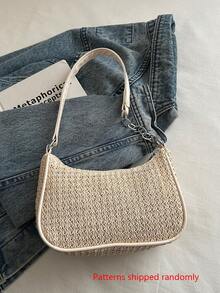 Vacation Beach Bag Straw Woven Bag Sequin Shiny New Women's Bag Single Compartment Underarm Baguette Bag Random Pattern - Blue - View 7