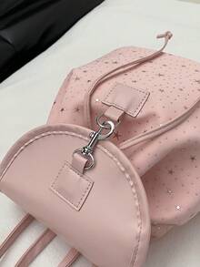 1pc Fashionable Cute Star Pattern Drawstring Flap Backpack, Polyester & PU Leather Patchwork Multifunctional Casual Day Bag, Girls/Teens/Students - Multicolor - View 12