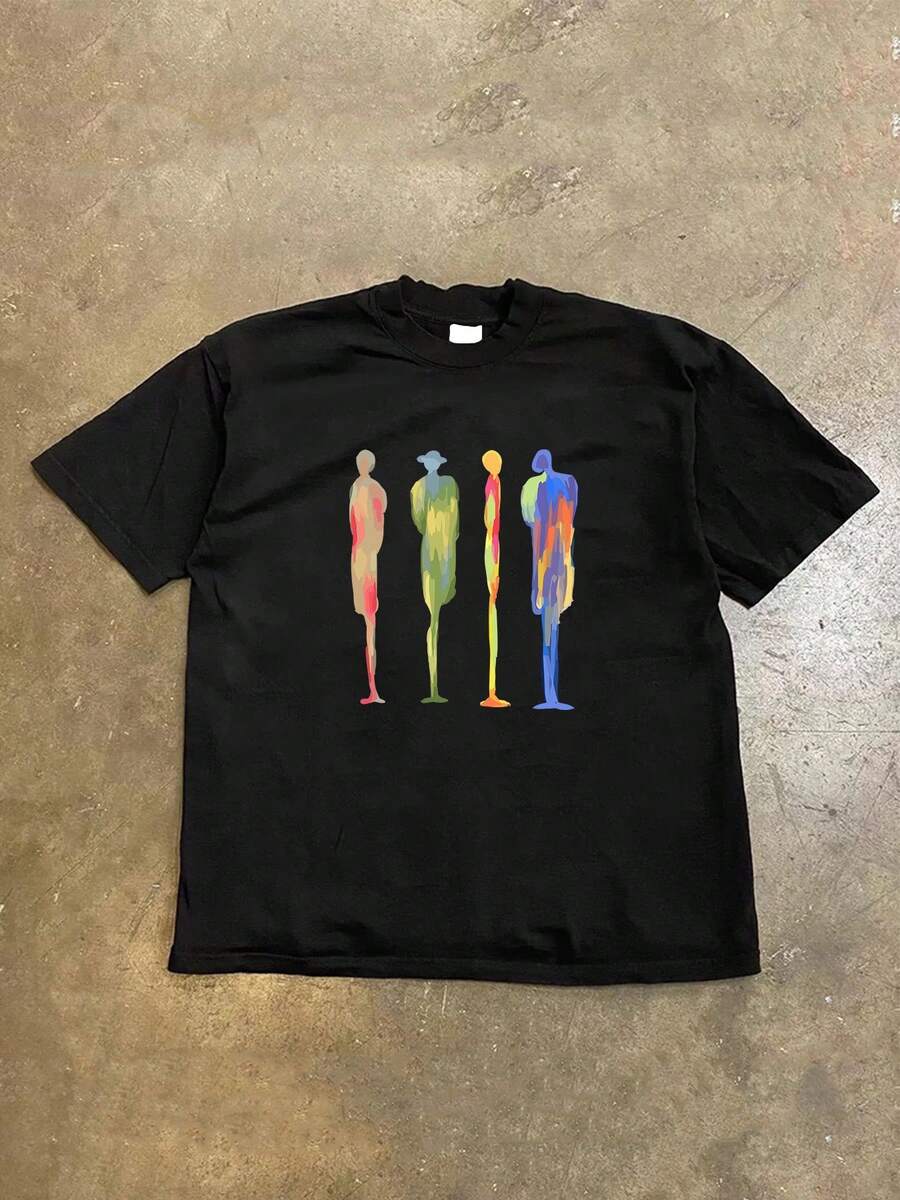 Baumwolle Herren Streetwear2026 Men's Graphic T-Shirt - Dark Background With Colorful Character Print - Soft Summer Tee For Everyday Use - Machine Washable - Abb - Black - View 1