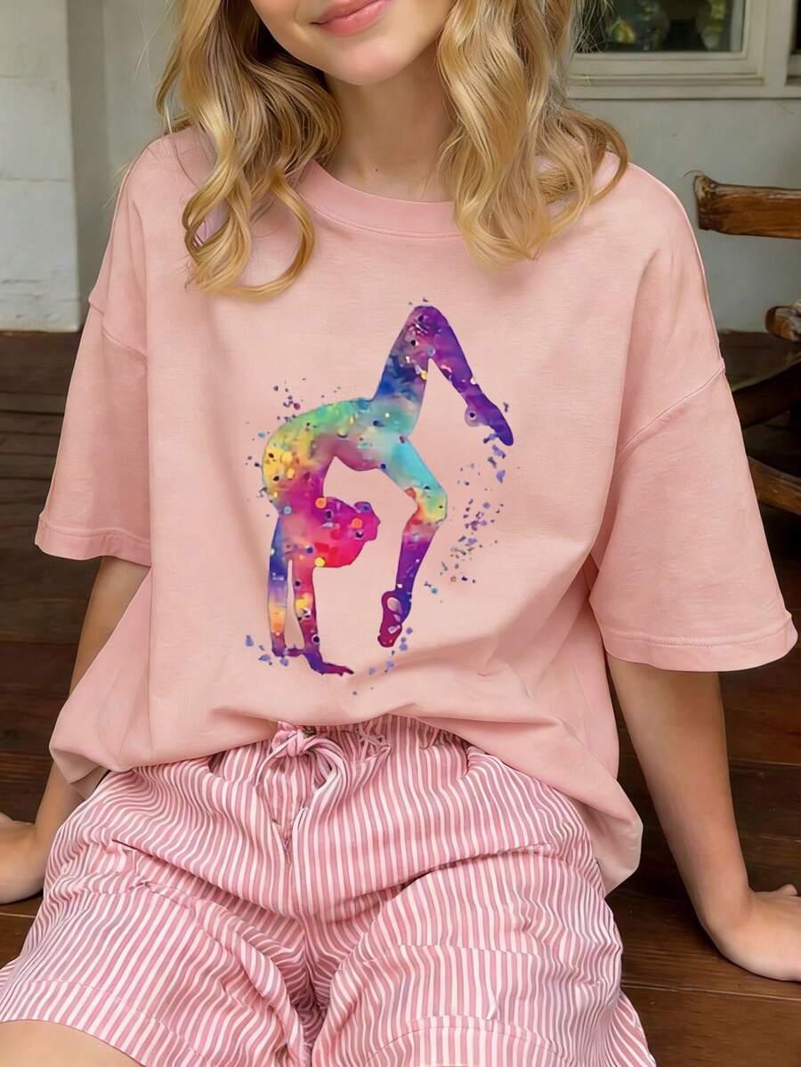 Girls' Casual Round Neck Short Sleeve Printed Yoga Dance Top, Summer New Arrival, Teenage Girl Fashion - Pink - View 1