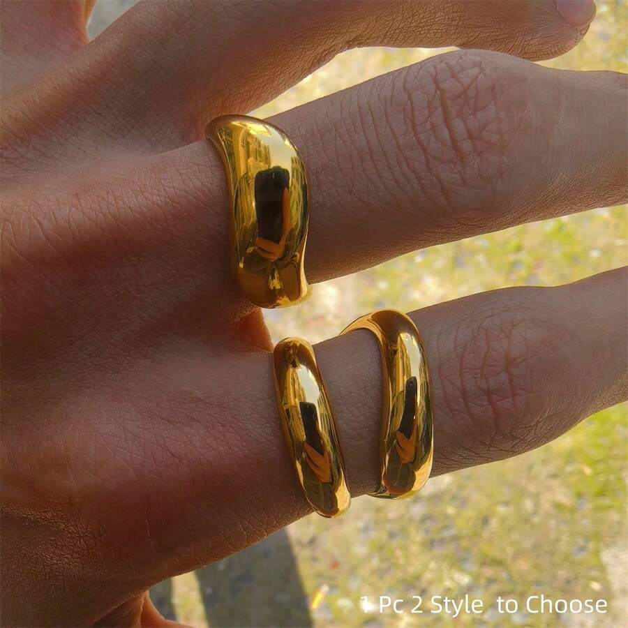 VKHK 1pc 18K Gold Plated Stainless Steel Wavy Ring, Suitable For Women's Daily Wear, Gift - Yellow Gold - View 1