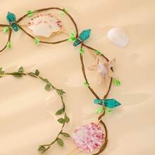 Diadema de corona de hojas con estrella de mar y concha natural, guirnalda de cabello con enredadera verde y cristales estilo boho, tocado de sirena para boda en la playa, fiesta de cosplay y vacaciones - Multicolor - Ver 7