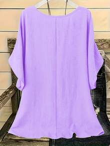Plus Size Women's Clothing For Spring/Summer, Fashionable Casual Short Sleeve Round Neck Button-Down Solid Color - Purple - View 3