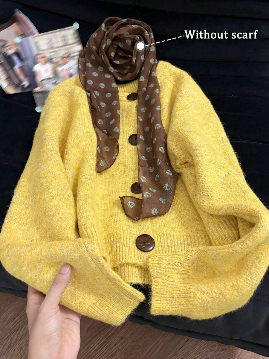 Women's Casual Basic Knit Cardigan Jacket, New Autumn/Winter, Single-Breasted Button Front, Solid Color, Round Neck, Raglan Sleeves, Elegant And Sophisticated, Suitable For Daily Outings, Vintage Fashion Preppy Style, 1 Piece (Scarf Not Included) - Yellow - View 1