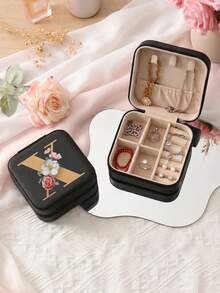 Letter PU Leather Portable Travel Jewelry Storage Box For Women, Stores Necklaces And Rings,Gift Ideas,Suitable For Home Storage And Commuting. - Flowers Letter 2 - View 10