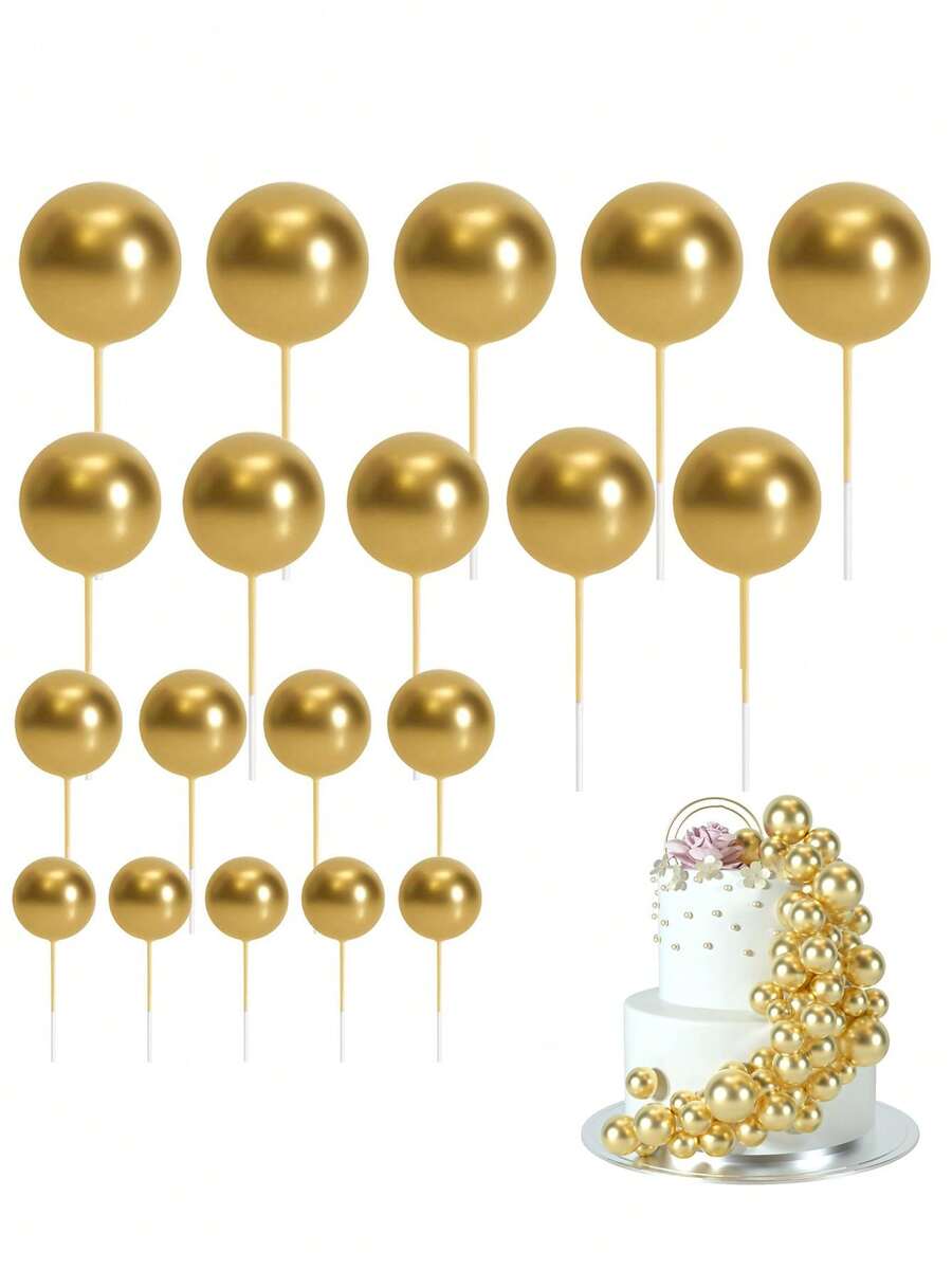 20/10pcs/1pc-Multi-Size Glitter Foam Ball Cake Toppers, Graduation Party Cake Toppers, Baking Cake Accessories, Gold Spherical Cake Decorations, Party Cake Supplies, Birthday Cake Decorations, Birthday Cake Accents, Reusable Metallic Spherical Decorations, Suitable For Birthday, Baby Shower, Wedding, Baking Dessert Decoration - Gold - View 1