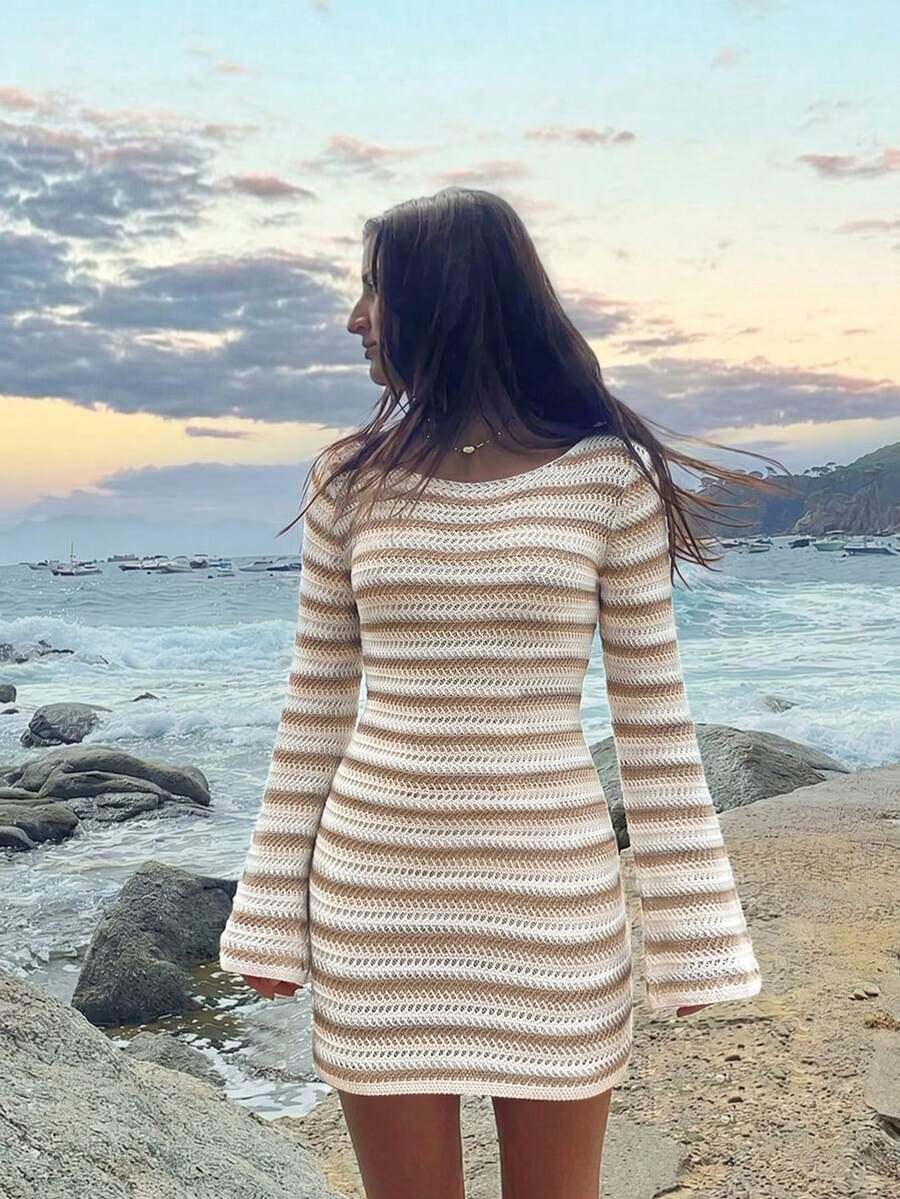 Women's Spring/Summer Striped Color Block Sexy Beach Vacation Slimming Knit Hollow Out Sheer Backless Design Long Sleeve Cover-Up Short Dress