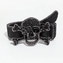 Cinturón de mezclilla negro punk rock estilo Y2K para hombre con hebilla de metal de calavera incrustada de strass láser, accesorio versátil para jeans adecuado para salidas diarias - Negro - Ver 6