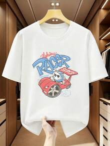 Women's Graphic Print T-Shirt. Men's T-Shirt, 100% Cotton. Men's T-Shirts, Size 100% Cotton, With A Cartoon Animal Print Driving A Race Car. - 白色的 - 查看 1