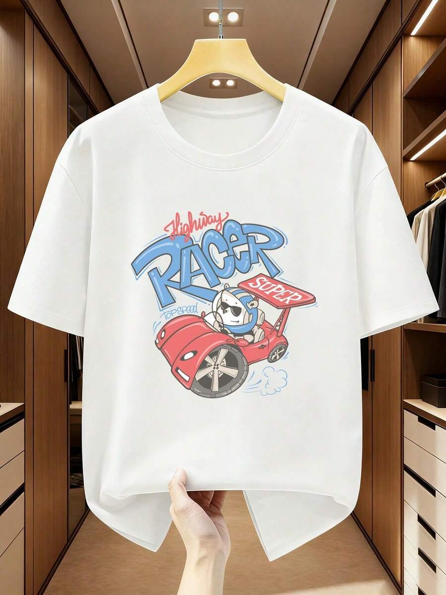 Women's Graphic Print T-Shirt. Men's T-Shirt, 100% Cotton. Men's T-Shirts, Size 100% Cotton, With A Cartoon Animal Print Driving A Race Car. - 白色的 - 查看 1
