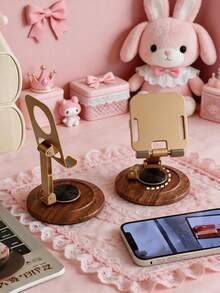 1pc Minimalist Practical Wood Grain Base Metal Desktop Phone Holder 360° Rotating Foldable Height Adjustable Heat Dissipation Tablet Stand Suitable For Office Study Live Streaming Slouchy Watching Mother's Day Valentine's Day Gift - Wood Grain Phone Stand - View 3
