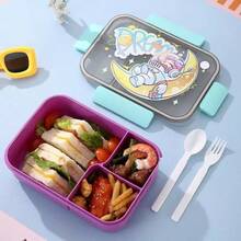 Caja de almuerzo para adultos con diseño de dibujos animados y compartimentos, caja de almuerzo de 1450ml (incluye utensilios), caja bento a prueba de fugas, adecuada para oficina y escuela, apta para microondas, regreso a la escuela - Multicolor - Ver 2