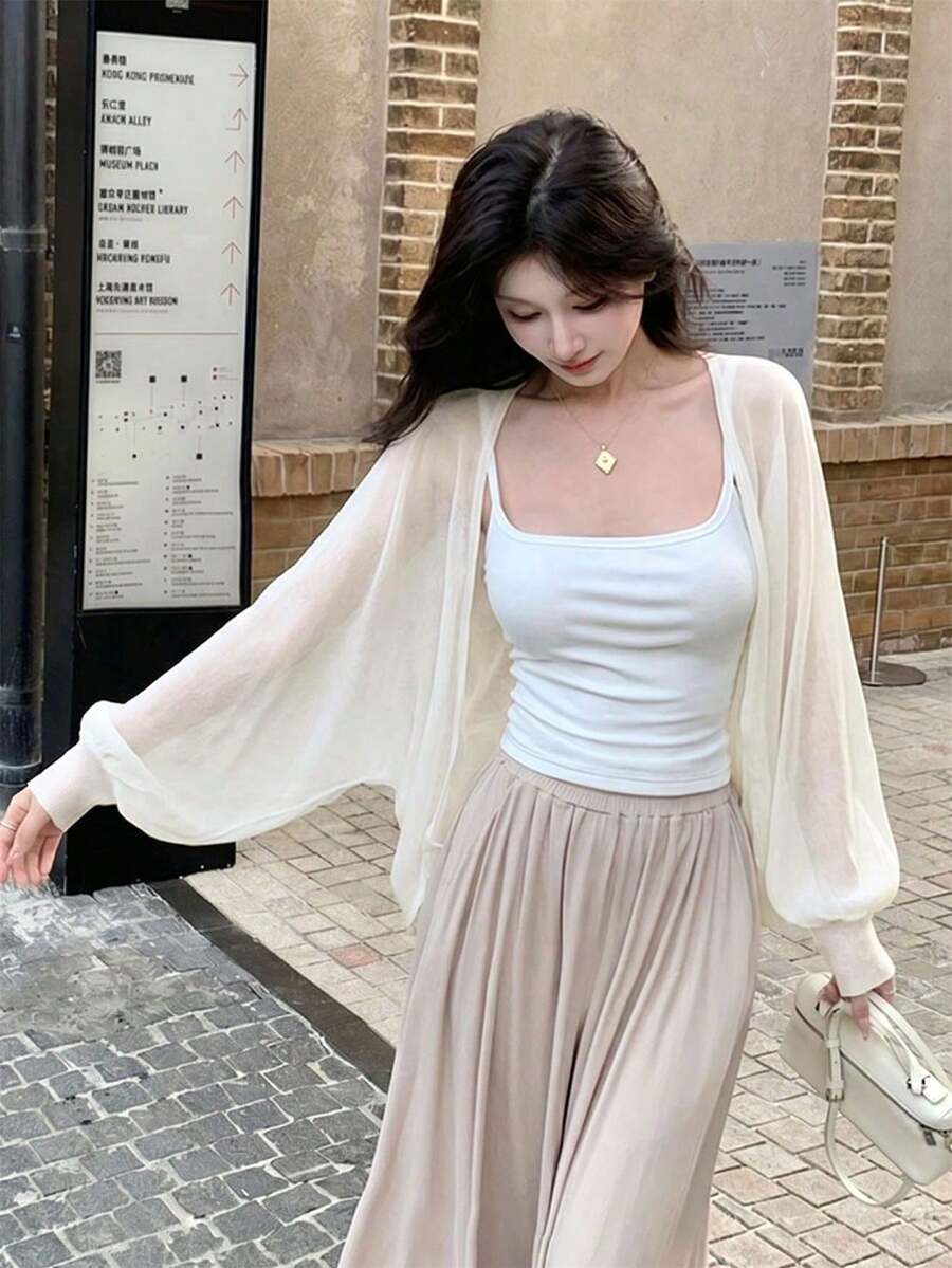 Cárdigan holgado de punto fino con mangas de murciélago transparentes para mujer, color negro - Albaricoque - Ver 1