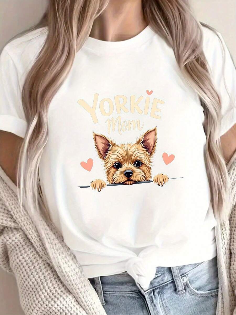 Camiseta de Mujer con Estampado de Mamá Yorkshire Terrier - Camiseta casual de manga corta y cuello redondo con un diseño de un cachorro Yorkshire Terrier y su madre, confeccionada con tela - Blanco - Ver 1