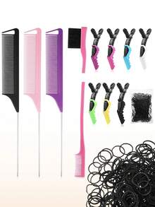 12 Piece Hair Styling Set, Including Rat Tail Combs, Alligator Hair Clips, Dual Edge Brush, Mini Rubber Bands And Braiding Comb, Delicate Color - Multicolor - View 1