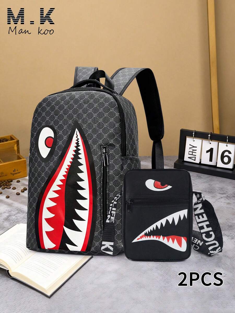 2件組 鯊魚嘴後背包 & 斜背包組合,復古字母圖案後背包,小方肩背包,牛津布小後背包,大容量酷感2件組組合,開學季男士禮物 (所有織帶印花,字母隨機) - 黑色 - 查看 1