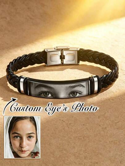 1pc Customized Leather Braided Bracelet, Stainless Steel Bracelet, Men's Bangle, Customized Photo, Father's Day Gift, Unisex Customized Engraved Genuine Leather Bracelet, Gift For Dad, Gift For Boyfriend/Friend Suitable For Boys And Girls