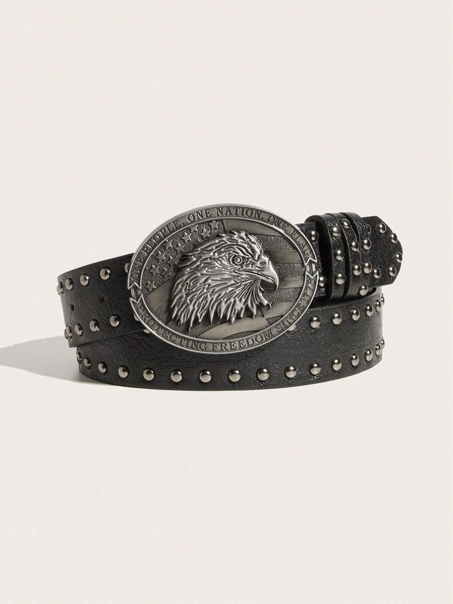 1pc Men's Belt With Large Eagle Head Snap Button, New Fashion Personalized Studded Youth Belt, Punk Snap Button Casual Pants Belt - A - View 1