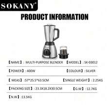 SOKANY 03012 Household Multi-Function Blender, Ice Crusher, Grinder, Fruit & Vegetable Blender 3-In-1, 3-Speed Adjustable, Comes With Grinding Cup, 1.5L Large Capacity, Stainless Steel Blades, Suitable For Home Use - Silver - View 4