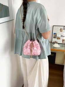 Pink All-Over Sequin Drawstring Mini Bucket Bag, Exquisite Metal Chain Shoulder Bag, Niche Party Evening Clutch - Pink - View 5