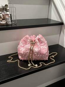Pink All-Over Sequin Drawstring Mini Bucket Bag, Exquisite Metal Chain Shoulder Bag, Niche Party Evening Clutch - Pink - View 11