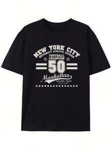 1 Men's Black T-Shirt With Manhattan Football Champion Print, Unisex Casual Crew Neck T-Shirt, Men's Plus Size Clothing 5XL, Lightweight 220g/M² Knit Fabric - 黑色 - 查看 1