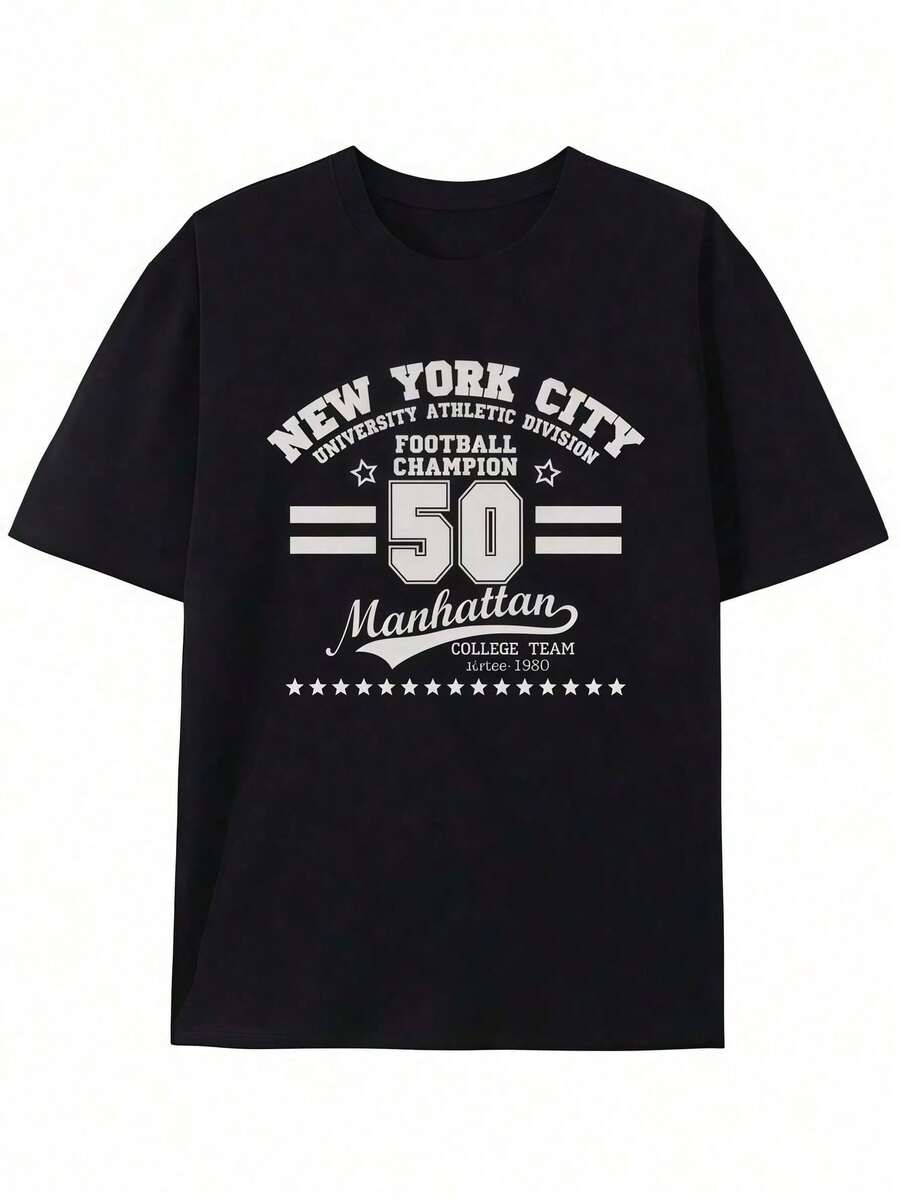 1 Men's Black T-Shirt With Manhattan Football Champion Print, Unisex Casual Crew Neck T-Shirt, Men's Plus Size Clothing 5XL, Lightweight 220g/M² Knit Fabric - 黑色 - 查看 1