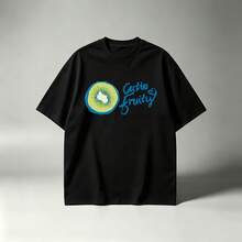 Hot Men's Black Cotton Tee Cutie Fruity Kiwi Hand Drawn Fresh Fruit Casual Print - Negro - Ver 1