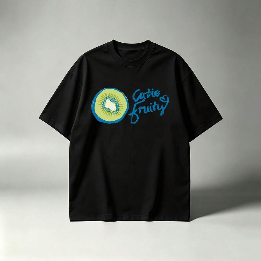 Hot Men's Black Cotton Tee Cutie Fruity Kiwi Hand Drawn Fresh Fruit Casual Print - Negro - Ver 1