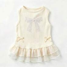 Vestido sin mangas con volantes de encaje para mascotas con decoración de lazo lindo, vestido de tirantes tejido para perro & gato, atuendo transpirable y elástico para cachorro & gatito, ropa casual de verano, adecuado para razas de perros & gatos pequeños & medianos (incluyendo Bichón, Labrador, etc.) - Beis - Ver 7
