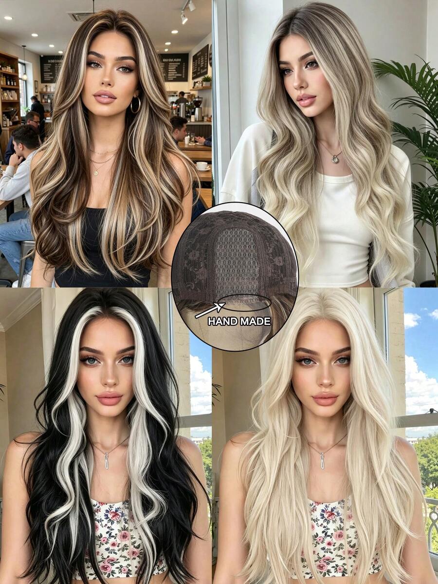 26 Inch Brown Highlighted Blonde Large WaveSynthetic Heat-Resistant Wig, Gradient Color Wig, No Bangs, High-Temperature Resistant Fiber Long Curly Synthetic Wig, Suitable For Everyday Wear.(Hair Color: Multiple Colors Available), Halloween