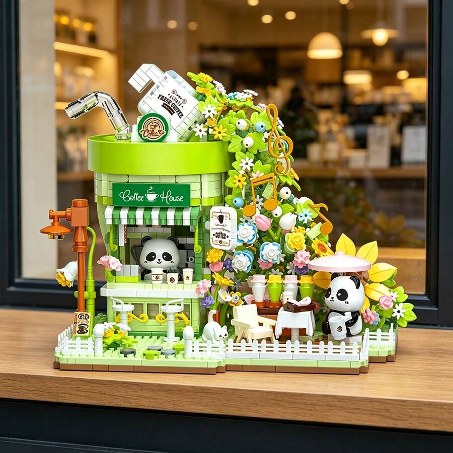 Cute Panda Tea House/Coffee Shop Building Block Model Kit, DIY Street Scene Building Block Display, Rich In Detail, Includes A Small Table And Chairs, Perfect For Christmas Home Decor And Birthday Gifts