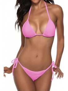 Women Two Piece Swimsuit Sexy Swimwear Halter String Triangle Bikini Sets - Rosepink - View 1