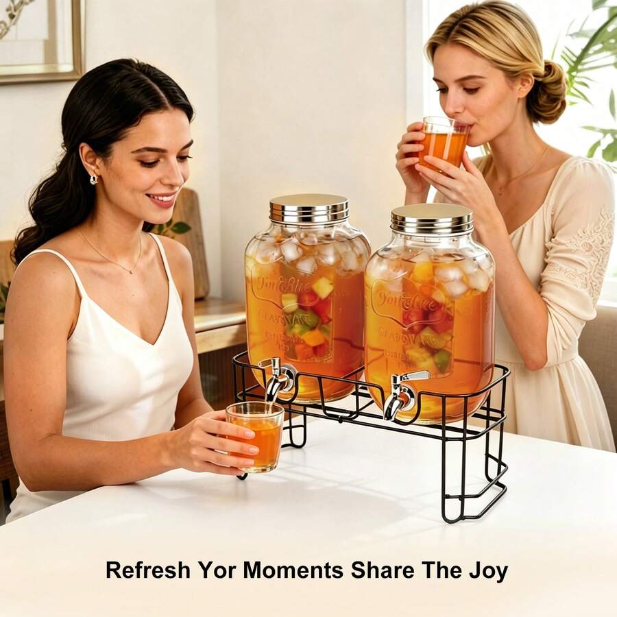 2pcs/Set 1 Gallon Glass Beverage Dispenser With Metal Stand, Stainless Steel Spigot & Fruit Infuser Core, Double Drink Dispenser With Chalkboard Tags For Parties And Events - View 1