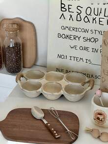 1pc Vintage Distressed Rope Handle 6-Slot Ceramic Egg Storage Tray, Rustic Coarse Pottery Egg Freshness Tray, Home Refrigerator Kitchen Egg Storage Rack, Ins Japanese Style Baking Platter Tableware Breakfast Storage Decor Soft Furnishing Gift Container, Fresh Egg Storage, Kitchen Tabletop Decoration, Viral Same-Style Daily Kitchenware - Multicolor - View 4