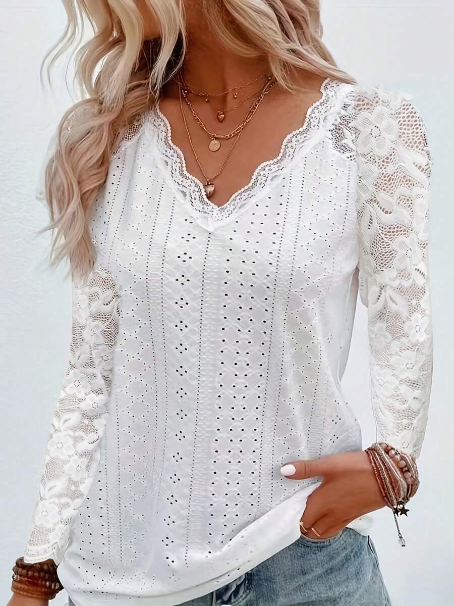 T-Shirt With Eyelets And Contrasting Lace V-Neck, Elegant Long-Sleeved T-Shirt For Spring And Autumn, Women's Clothing - White - View 1