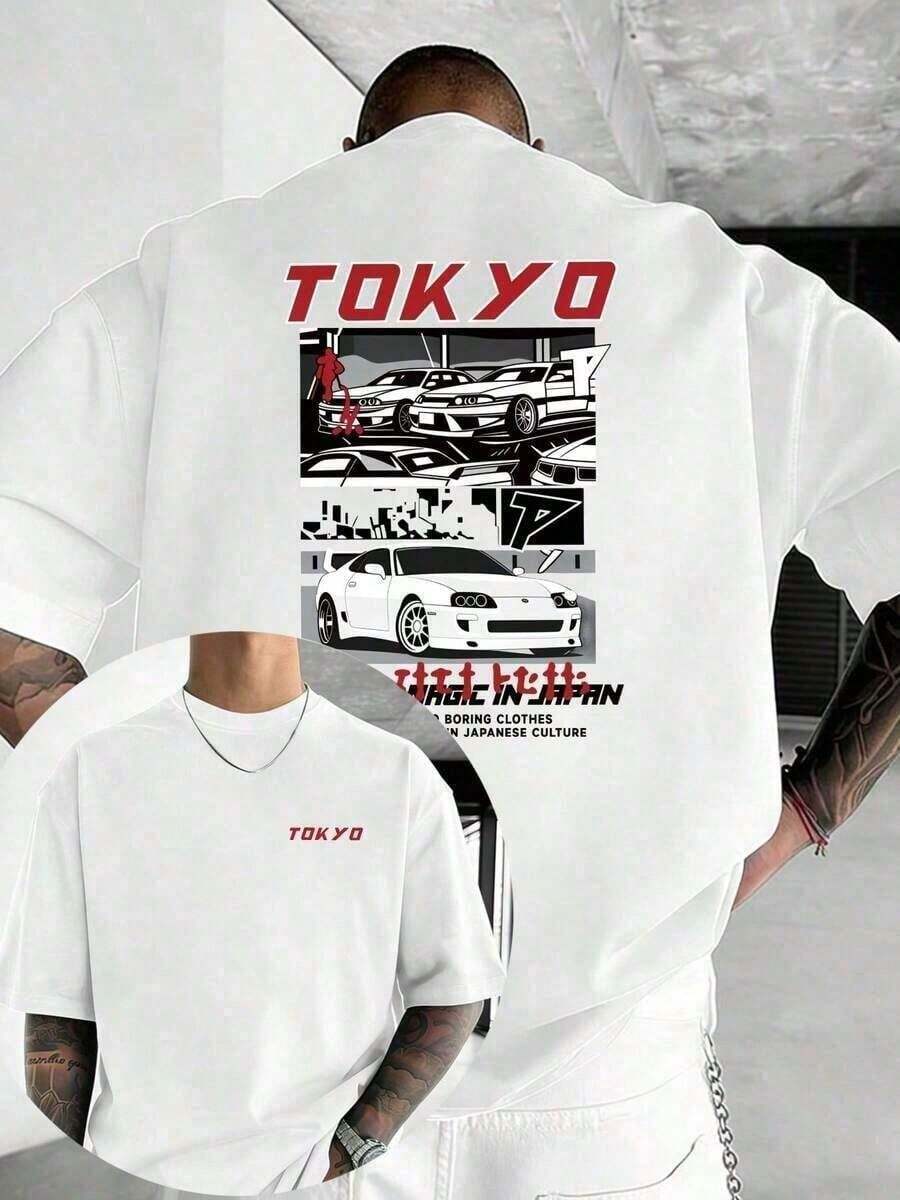 Ropa de hombre; Camisetas de verano; Camisetas gráficas de carreras para hombre, Camiseta de doble cara con estampado de carreras callejeras de Tokio, Moda de verano de alta calidad, 100% al - Blanco - Ver 1