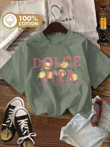 Top Estivo da Donna 2026, Motivo di Limoni e Foglie in Stile Acquerello, T-Shirt a Maniche Corte con Collo Rotondo e Stampa "DOLCE VITA" (Vivere la Dolce Vita) - nero - Visualizzare 8