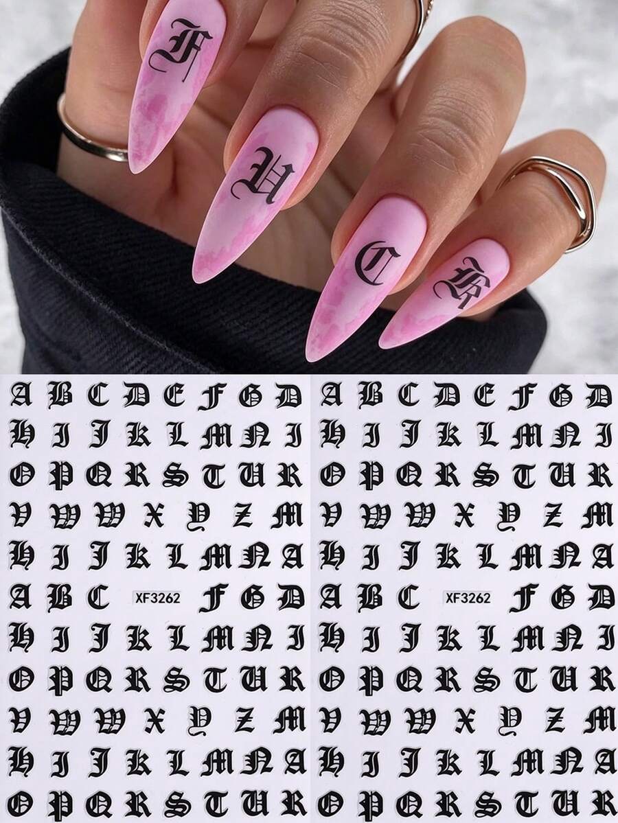 2張3D自黏式哥德字母美甲貼紙,黑色古英文A-Z字母,龐克Y2K風格,復古個性化美甲DIY裝飾配件 - 黑色 - 查看 1