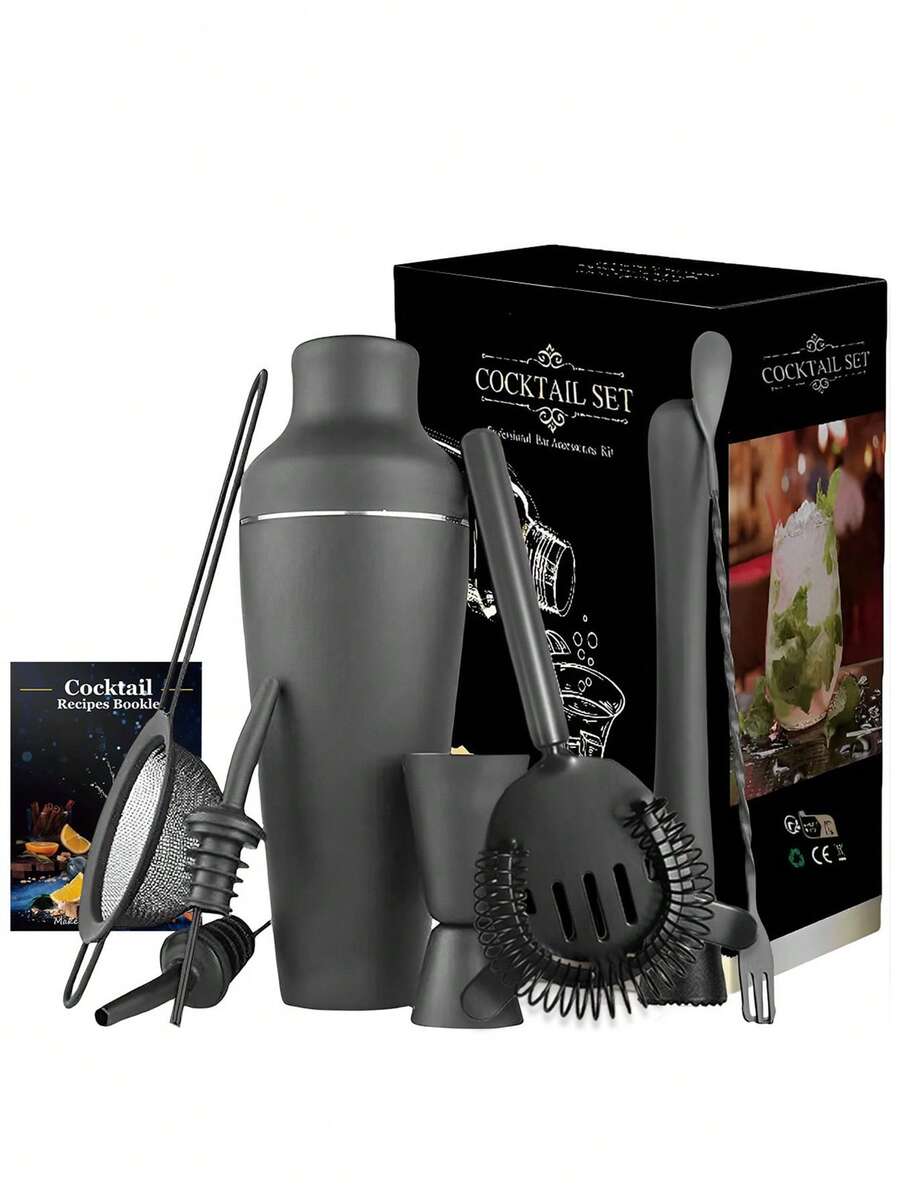 Juego de 8 piezas de coctelera de acero inoxidable negro mate, caja de regalo de herramientas de barman, regalo del Día del Padre - Ver 1