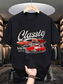 Colors With Classic Sports Car Pattern – The Best Choice, Featuring A Vintage Design Of A Red Sports Car, Made From Soft Fabric For Comfortable Everyday Wear, Short Sleeves, Round Neckline, Medium Stretch Fabric. - Black - View 1