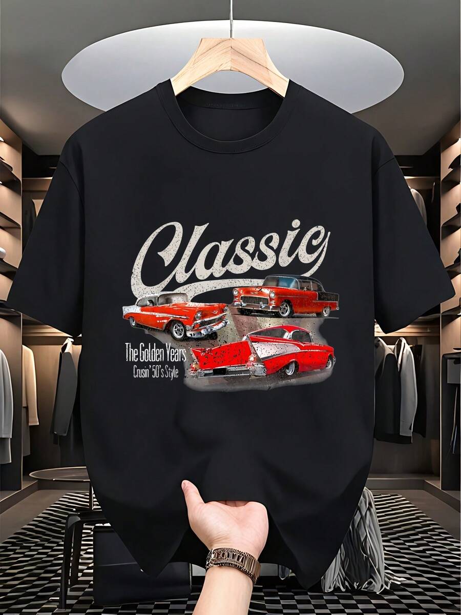 Colors With Classic Sports Car Pattern – The Best Choice, Featuring A Vintage Design Of A Red Sports Car, Made From Soft Fabric For Comfortable Everyday Wear, Short Sleeves, Round Neckline, Medium Stretch Fabric. - Black - View 1