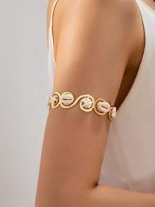 1 pieza Brazalete de brazo con concha de estrella de mar blanca personalizada y de moda, accesorio de brazo de metal con textura geométrica en espiral, adecuado para usar en vacaciones en la playa - Blanco - Ver 1