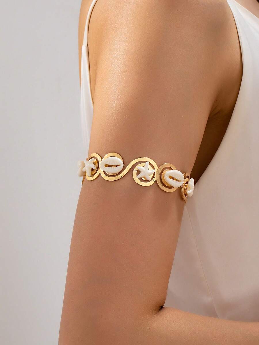 1 pieza Brazalete de brazo con concha de estrella de mar blanca personalizada y de moda, accesorio de brazo de metal con textura geométrica en espiral, adecuado para usar en vacaciones en la playa - Blanco - Ver 1