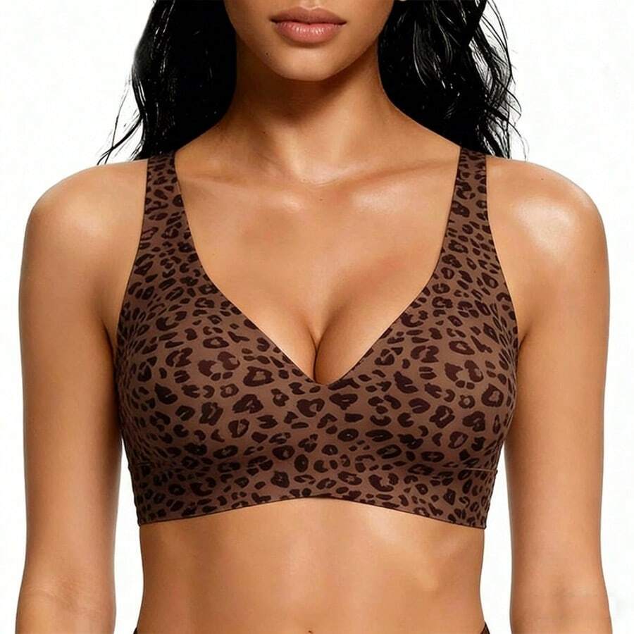 Jelly Wireless Womens Comfortable Wireless Bras Push Up Bralettes Seamless Tshirts Bras Deep V Everyday Bras - Brown - View 1